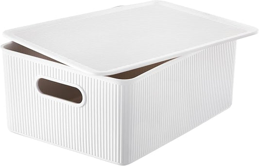 Decorative Plastic Basket Lidded Home Storage Bins Organizer Baskets, Large White (1 Pack - 15 Liter) Stackable Container Box, for Organizing Closet Storage Bins for Shelves - Ribbed Collection