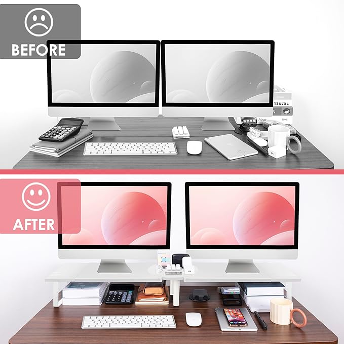 Dual-Monitor Stand for Desk - Large Adjustable Length and Angle Riser for 2 Monitors, Double Computer Desktop Organizer, Shelf for TV, Laptop, Printer