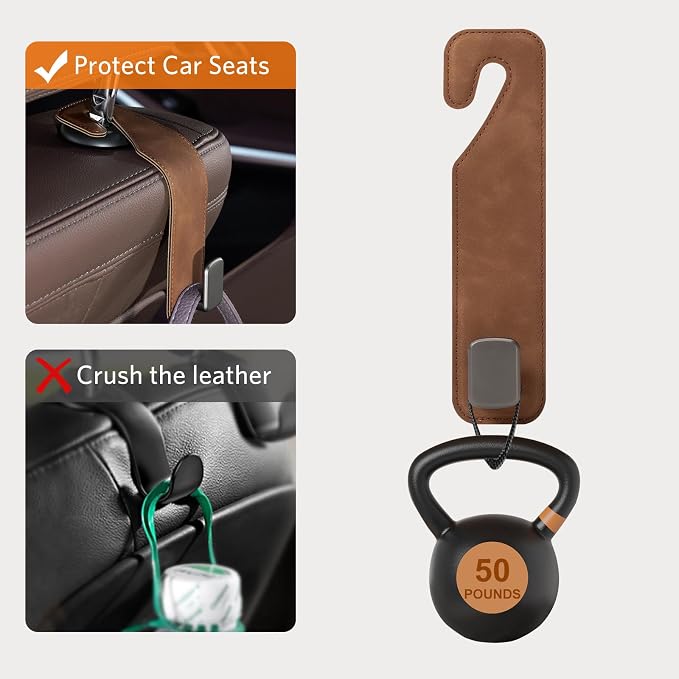 CoBak Headrest Hooks for Car - Universal Premium Stitched Leather and Aluminum-Magnesium Alloy Single Car Seat Back Storage Hook for Purses, Handbags, Bags (2 Pack),Brown