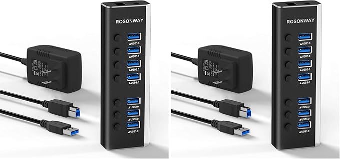 USB Hub 3.0 Powered Rosonway Aluminum 7 Ports USB 3.0 Data Hub Splitter with 24W (12V/2A) Power Adapter and Individual On/Off Switches USB Port Expander for PC and Laptop (RSH-A37S) (Pack of 2)
