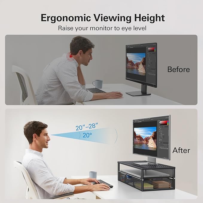 HUANUO 2 Tier Monitor Stand, Metal Monitor Riser with Storage, Computer Desk Organizer with Drawer for Laptop, Computer, PC, Black