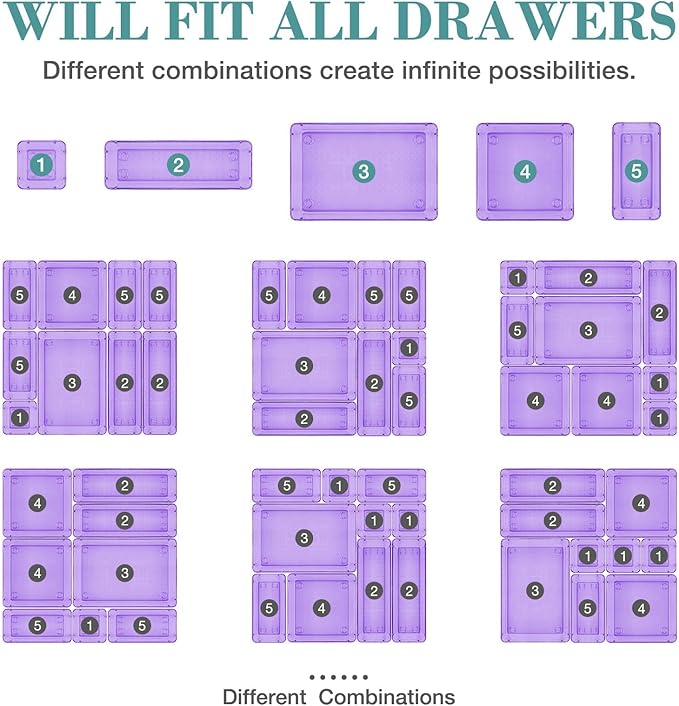 23 PCS Drawer Organizer Set, 5 Varied Size Bathroom and kitchen Drawer cabinet organizer Trays, Clear Storage Bins for Makeup, Jewelry, Utensils and Gadgets, Purple