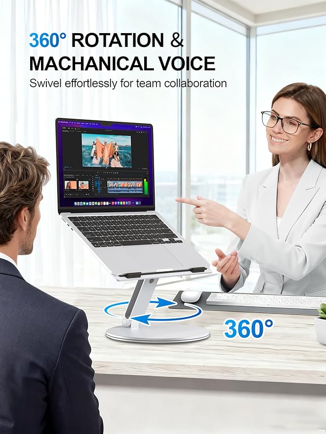 YICOSUN Adjustable Laptop Stand for Desk - 360° Rotating Ergonomic Riser with Aluminum Cooling Vents & Sturdy Construction for 10-16 Inch MacBook Pro/Air, Foldable Portable for Office & Home - Silver