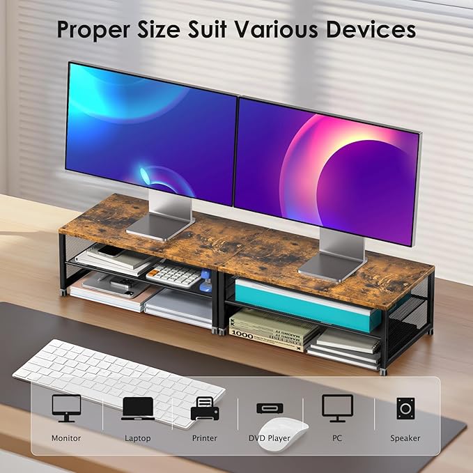 ECOLOVI 2-Tier Computer Monitor Stand Riser, Desk Organizer for Monitor, Printer & Laptop Stand, Desktop Workspace Organizers for Office Supplies(Brown)