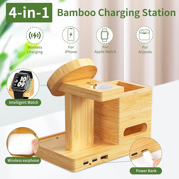 Wireless Charger Stand with Magnet- 4 in 1 Wireless Charging Station with Pen Holder, Bamboo Fast Charging Stand Compatible with iPhone 16/15/14/13/12 Pro/AirPods/Apple Watch, Presents for Men Women