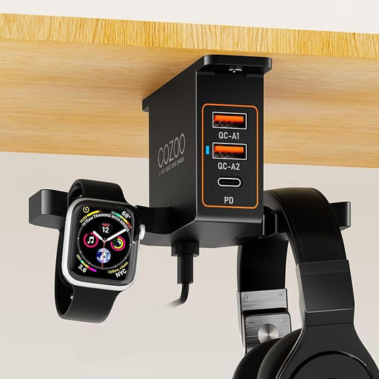 cozoo Headphone Stand with USB Charger Under Desk Headset Holder Mount 3 USB Charging Station,iWatch Stand Watch Dock Dual Earphone Hanger Hook,PC Accessories Gifts,UL Tested
