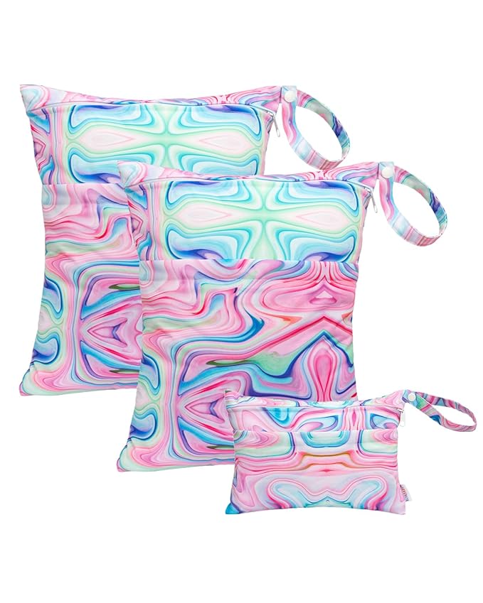ALVABABY 3pcs Baby Cloth Diaper Wet/Dry Bags|Waterproof Reusable with Two Pockets|Travel, Beach, Pool, Daycare, Soiled Baby Items,Yoga，Gym Bag for Swimsuits or Wet Clothes Pink impression 3L-BS04