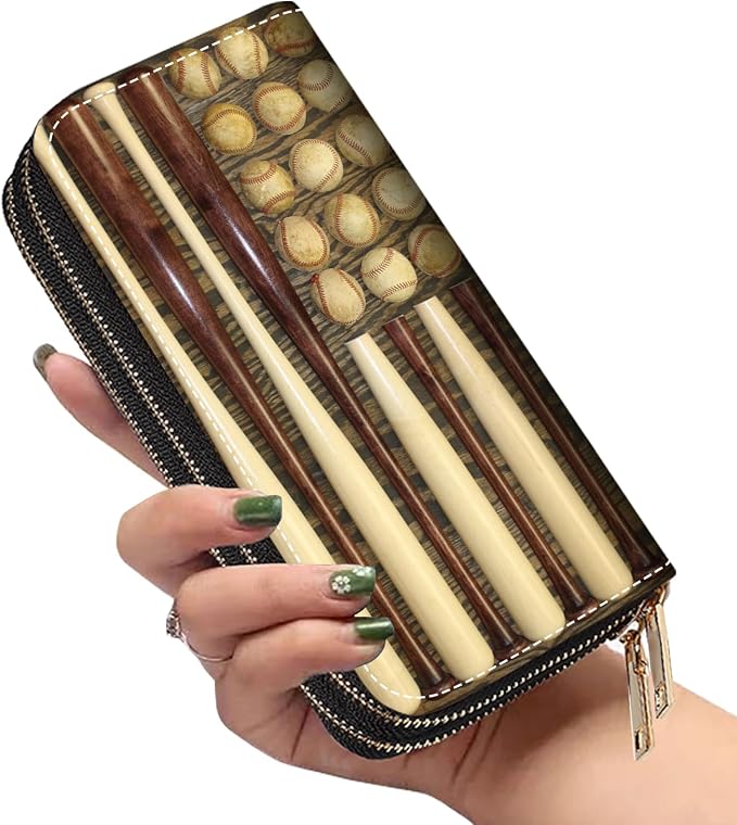 Women's Large Capacity Wallet PU Leather Double Zipper Clutch Purse Multifunctional Wallet with Removable Wristlet Strap for Smart Phone/Coin/Card/Cash, Baseball Combination American Flag