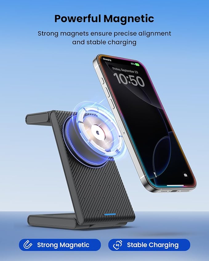 3 in 1 Wireless Charging Station, Foldable Magnetic Wireless Charger Stand for Multiple Devices, Wireless Charger for iPhone 16/15/14/13/12, Apple Watch 9/8/7/6/SE/5/4/3/2, AirPods 3/2/Pro