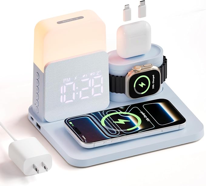 7 in 1 Wireless Charging Station, Magnetic 25W Fast Charger with Alarm Clock & Night Light, Bedside Charging Stand for iPhone 17 16 15 14 13 12 Pro Max, Apple Watch, AirPods, Bedroom