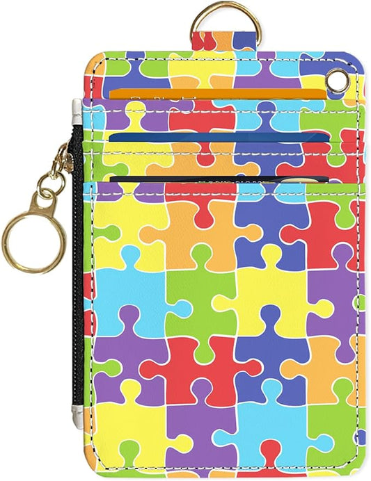 Slim Wallet Credit Card Holder, Jigsaw Puzzle, RFID Wallet Women Cute Small Front Pocket Wallet With Zipper, PU Leather Thin travel RFID Blocking Card Case ID Window,Ladies Gifts