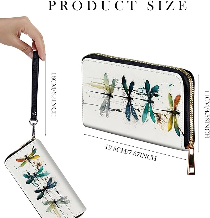 Zip Around Wallets for Women with Detachable Wrist Strap, Large Capacity RFID Blocking Leather Purse Organizer Card Holder Wristlet,Watercolor Dragonfly