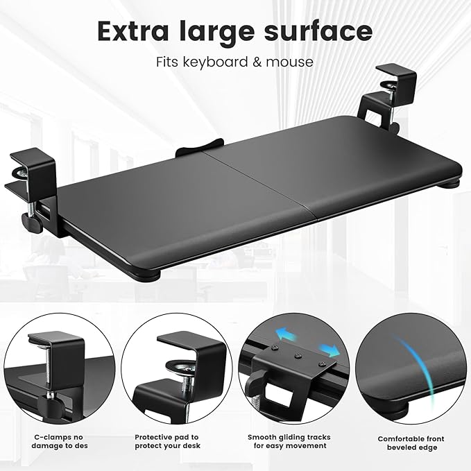 Keyboard Tray Under Desk, Slide Out Computer Keyboard & Mouse Tray with C Clamp-on Mount Easy to Install,30" W（Including Clamps） X 12" D Large Size,Black