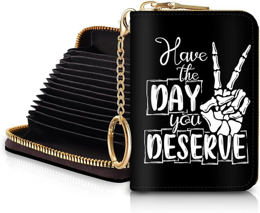 Blusabaca RFID Credit Card Holder Wallets for Women, Skull Skeleton Hand Peace Sign Small Card Case Wallet with Keychain and Zipper, Leather Card Holder Pocket Business Card Accordion Wallet