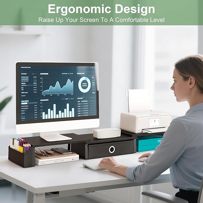 Dual Monitor Stand Riser w/ Drawer & Metal Leg, Large Computer Monitor Riser w/ Storage For 2 Monitors, Desk Shelf For Monitor w/ Adjustable Length & Angle, Desktop Organizer For Laptop/TV/Printer