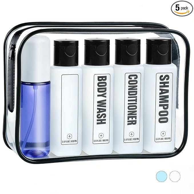 GearTrust Labeled Travel Bottles for Toiletries, 3.4oz TSA Approved Travel Shampoo and Conditioner Bottles with Spray, Leak Proof Clear Plastic Containers with Flip Cap-5 PCS