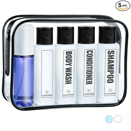 GearTrust Labeled Travel Bottles for Toiletries, 3.4oz TSA Approved Travel Shampoo and Conditioner Bottles with Spray, Leak Proof Clear Plastic Containers with Flip Cap-5 PCS