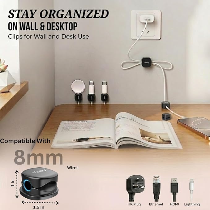 8 Pack Spring Cord Holder Clips [360° Rotatable, 1-Hand Use] — Adhesive Cable Clips for Nightstand, Desk, Wall & Kitchen | Phone Charger Cord Holder | No-Residue | Fits 2.5–8mm Cables