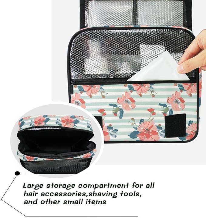 Hanging Travel Toiletry Bag Floral on Striped Kit Makeup Case Cosmetics Organizer for Men Women