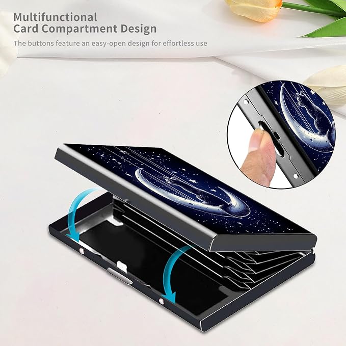 RFID Metal Wallet Credit Cards Holder Slim Mini Business Card Holder Metal ID Case Gift for Men Women,Black Cat Moon