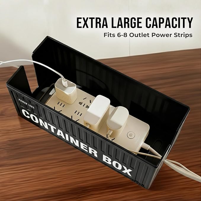 NEXIL Cable Management Box Kit - Cord Organizer Box to Hide Power Strips & Cables, 3-Piece Desk Cable Management Set with Headphone Hanger & Metal Storage Tin, Matte Black
