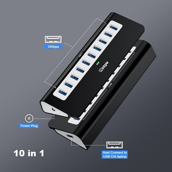 Powered USB Hub, intpw 10 Port USB 3.1 Hub with 10Gbps Data Transfer, 36W(12V/3A) Power Adapter, USB Type A and Type C Cable, Grey USB Hub for Laptop, MacBook and Desktop Computer