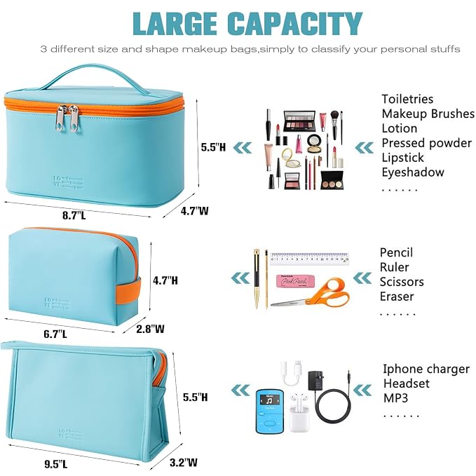 FITINI 3 Pieces Makeup Bag for Women Travel Toiletry Bag Portable Cosmetic Pouch Organizer with Girls Small Brush Holders Zipper Waterproof Storage Case,Light Blue