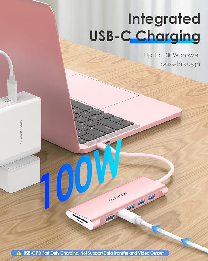 LENTION 7-in-1 USB C Multiport Hub with 4K HDMI, 100W PD, 3 USB 3.0 Ports, SD/MicroSD Card Reader Compatible MacBook Pro/Air 2016-2025 Stable Driver Adapter (CB-C36B, Rose Gold)