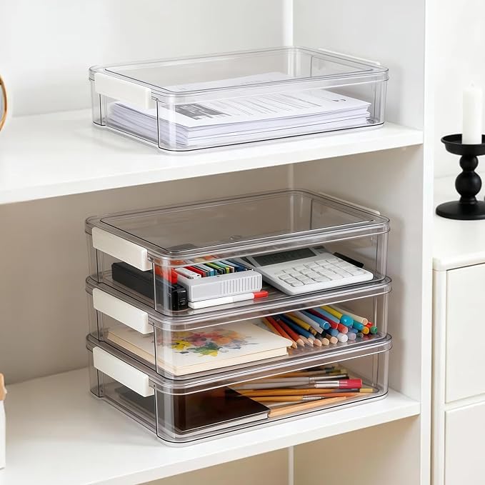 Clear Stackable Storage Box, Document Organizer with Lid, A4 Size File Container, Office Desktop Organization 13.66 * 9.21 * 2.56 Inch