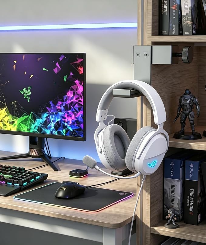 Kimiangel Headphone Stand Under Desk, Foldable Aluminum Headset Holder with Adjustable Screw Clamp, Headphone Hook Mount for Gaming Accessories, Space-Saving Under Table Headset Hanger