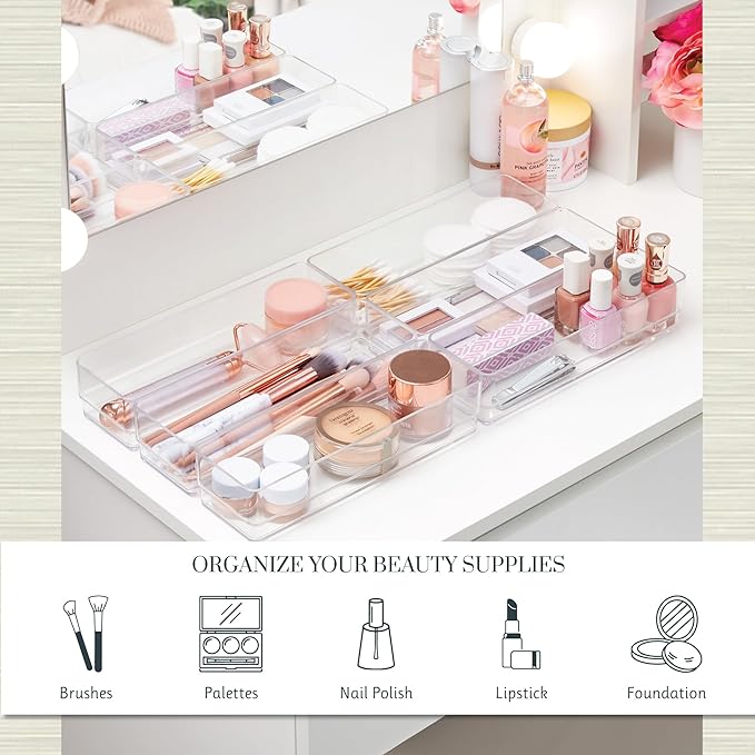 STORi SimpleSort 6-Piece Stackable Clear Drawer Organizer Set | 9" x 3" x 2" Rectangle Trays | Narrow Makeup Vanity Storage Bins and Office Desk Drawer Dividers | Made in USA