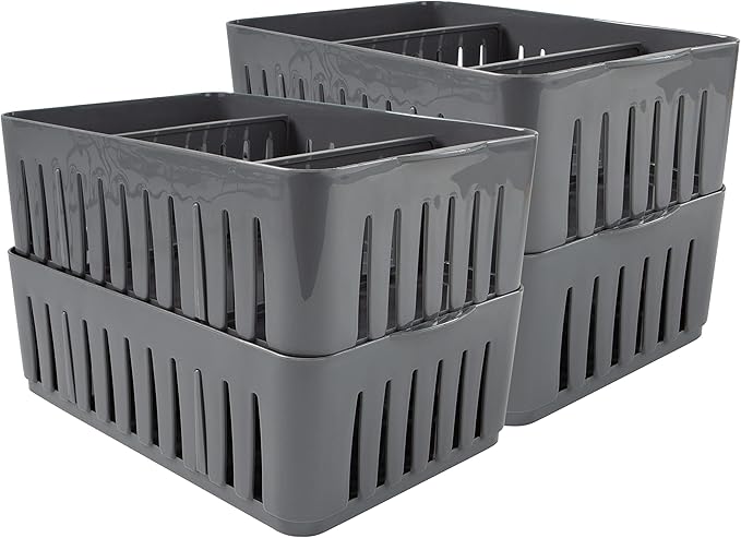 Simplify 4 Pack 3 Compartment Stackable Bin with Adjustable Dividers | Drawer Organizer | Storage Basket | Good for Office | Desk Supplies | Dorm | Bathroom | Accessories | Make Up | Grey