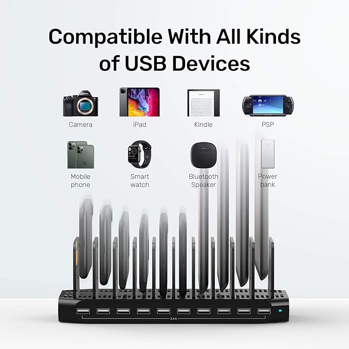 ??PCS??Unitek USB Charging Station, 10 USB Fast Ports Charge Docking Station and Adjustable Dividers, Multi Device Charger Organizer Compatible with iPad, iPhone, Tablet and Cell Phone - 5PCS, Black