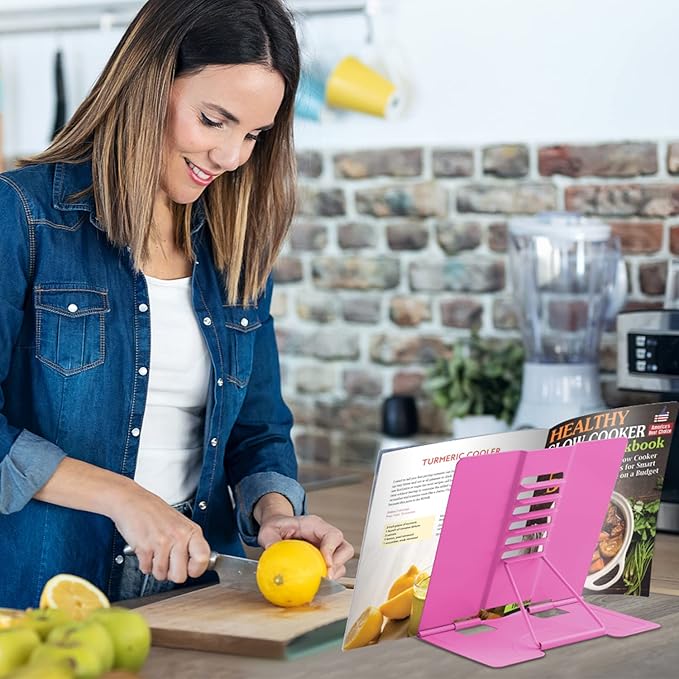 Honagu Book Stand Metal Desk Book Holder, Book Holders for Reading Hands Free, Adjustable Cookbook Documents Holder, Portable Bookstand for Music Books, Textbook, Recipe, Tablet, Ipad (Rose Red)