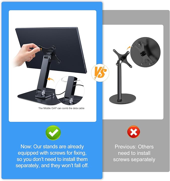 Portable Monitor Stand VESA 75x75mm Holes M4 Anti-Loss Screws, Aluminum Alloy Base, Fits 7"- 18", 15.6" 16" 17" 17.3" 18" Inch Small Monitors Lay Flat, Black Desk Mount (Not Fits100x100mm)