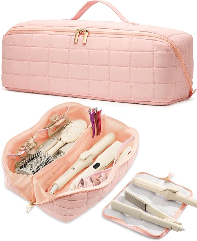 Hot Tools Travel Case with Heat Resistant Mat Pouch, Large Hair Tool Organizer Bag for Curling Iron Flat Iron Hair Dryer Hot Air Brush, Water Resistant Makeup Bag Gift for Women, Pink