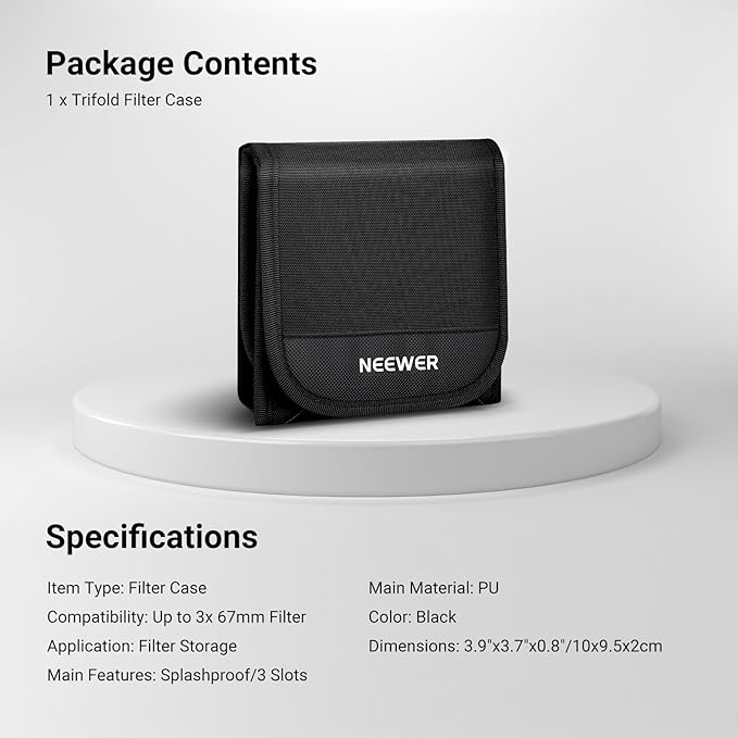 NEEWER 67mm Filter Case, Trifold Foldable Splash Resistant Protective Carry Pouch Storage Bag Accessories, Holds Up to Three 67mm Round Camera Lens Filters, PB14