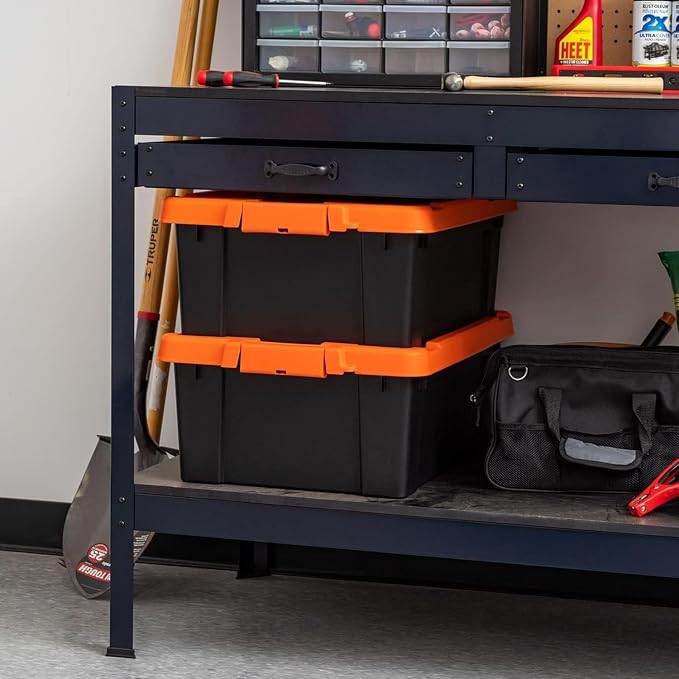 IRIS USA 4 Pack 12 Gallon Lockable Storage Bins, Heavy Duty Stackable Containers with Lids for Garage Organization or Moving, Black/Orange