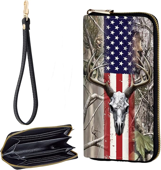 Zip Around Wallets for Women with Detachable Wrist Strap, Large Capacity RFID Blocking Leather Purse Organizer Card Holder Wristlet,American Flag Camo Deer Skull