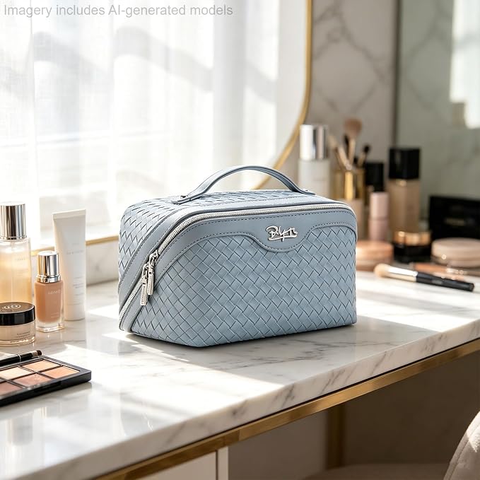 BOYATU Travel Makeup Bag Cosmetic Bags for Women: Large Capacity 3 Pcs Set Make up Bag with Compartments - Waterproof Vegan Leather Toiletry Organizer Bags with Handle (L04 Light Blue)