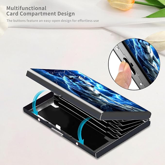 RFID Metal Wallet Credit Cards Holder Slim Mini Business Card Holder Metal ID Case Gift for Men Women,Blue Wolf Lightning