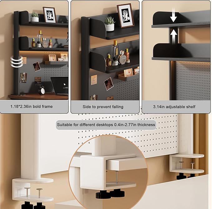 Clamp on Desk Shelf with Pegboard, Black Desktop Bookshelf Organizer Storage Shelves for Home Office Dorm Gaming Desk, Space Saving Tabletop Display Rack Organization (White, 31.4in)