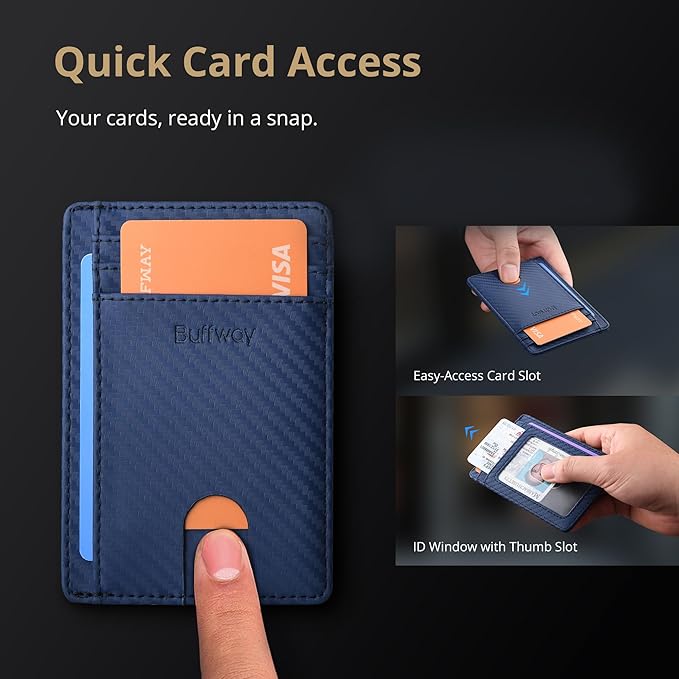 Buffway Slim Minimalist Front Pocket RFID Blocking Leather Wallets for Men and Women - Carbon Fiber Blue