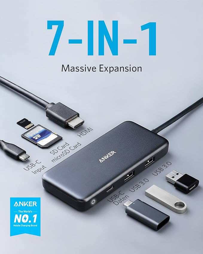 Anker USB C Hub, 7in1 Multi-Port USBC Hub with 4K HDMI, 85W PD, USB-C and 2 USB-A 5Gbps Data Ports, microSD and SD Card Reader, for MacBook Air, MacBook Pro, XPS, and More (Charger not Included)
