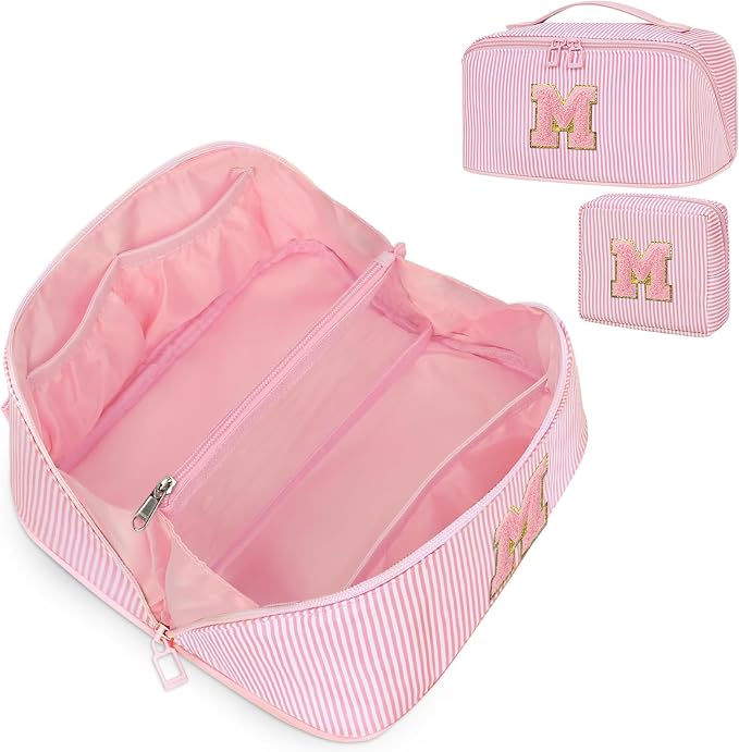 Initial Makeup Bag, Personalized Cosmetic Bag, 2Pcs Large Capacity Make Up Bag for Women, Open Flat Make up Cosmetic Organizer with Handle,Portable Make Up Organizer Pouch for Women - M
