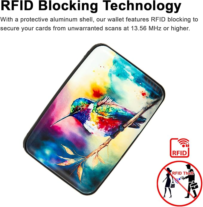 Credit Card Holder for Women Men RFID Blocking Wallet Small Business Metal Slim Mini Aluminum Hard Case (Watercolor Painting Hummingbird)