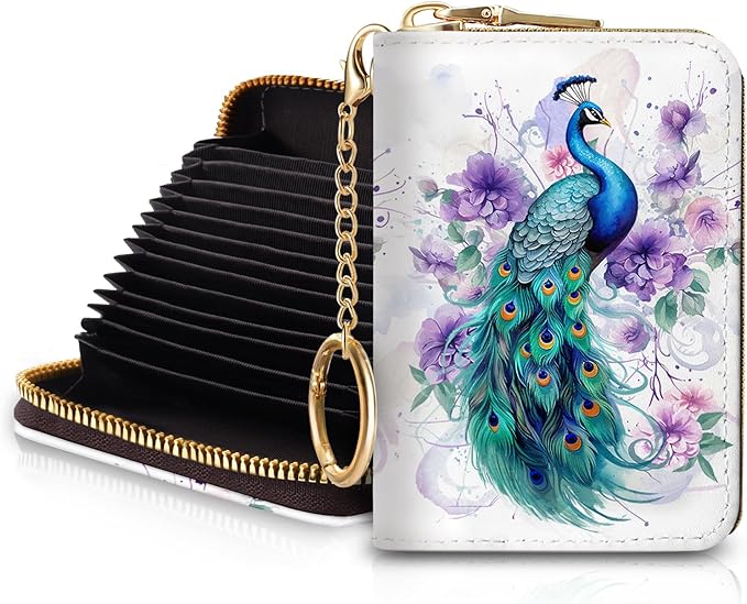 Blusabaca Credit Card Holder for Women, Peacock Small RFID Wallet with Zipper, Card Keychain Wallet, Leather Wallet Card Case, Business RFID Blocking Accordion Purse Wallet Gift