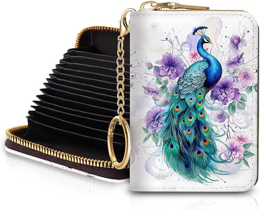 Blusabaca Credit Card Holder for Women, Peacock Small RFID Wallet with Zipper, Card Keychain Wallet, Leather Wallet Card Case, Business RFID Blocking Accordion Purse Wallet Gift