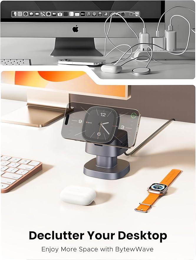 ByteWave 3-in-1 Charging Station for Apple, iPhone MagSafe Charger with 3-Color Light, 15W Max Foldable Wireless Fast Charging for iPhone 17/16/15/14/13/12, Apple Watch, AirPods, Home&Travel Friendly