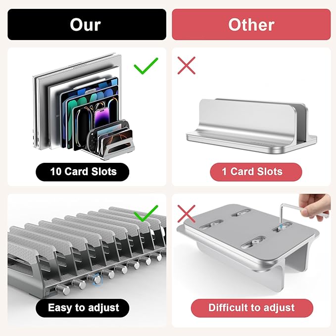 Elestoria 10-Slot Vertical Laptop Stand & Holder ??Adjustable Aluminum Laptop Stand Vertical for Desk Fits 10 Devices, MacBook & Gaming Laptops (Up to 17.3?? ??Space Saving Laptop Storage Rack - Grey